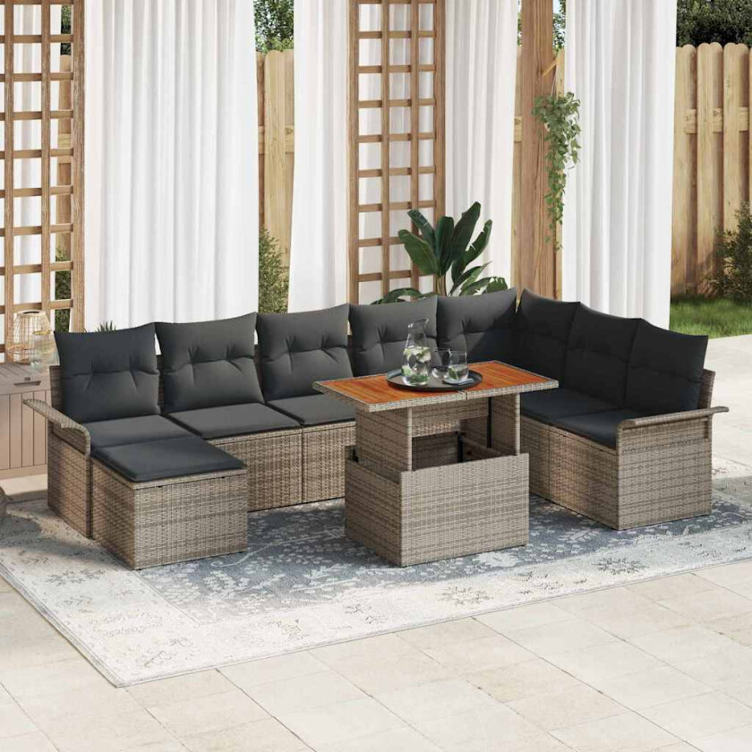 Hagesofa Set med lagring 9 pcs Grå Poly rattan