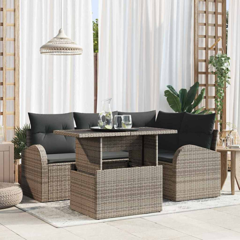 Hagesofa Set med pute med lagring 5 pcs Grå Poly rattan