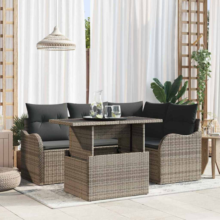 Hagesofa Set med pute med pute 5 pcs Grå Poly Rattan