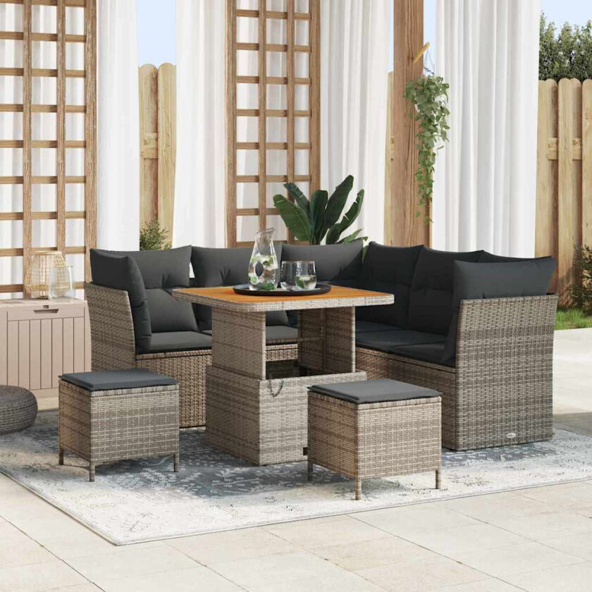 Hagesofa Set 8 pcs Grå Poly rattan og pulverlakkert stål
