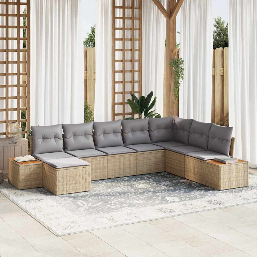 Hagesofa Set med pute 8 pcs Beige og lys grå Poly Rattan