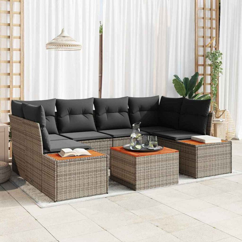 Hagesofa Set med pute med lagring 6 pcs Grå Poly rattan