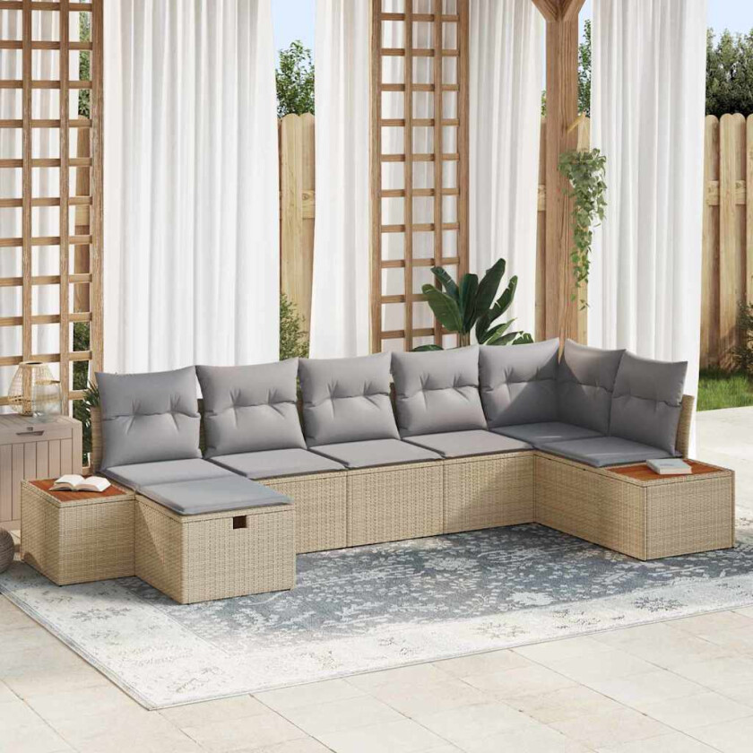 Hagesofa Set med pute 7 pcs Beige Poly rattan