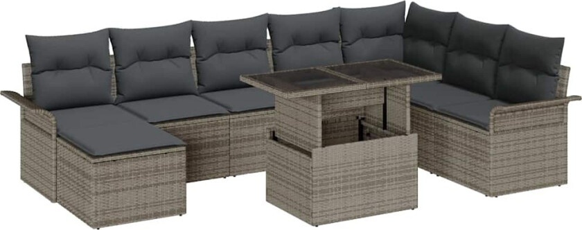 Hagesofa Set 9 pcs Grå Poly Rattan og pulverlakkert stål