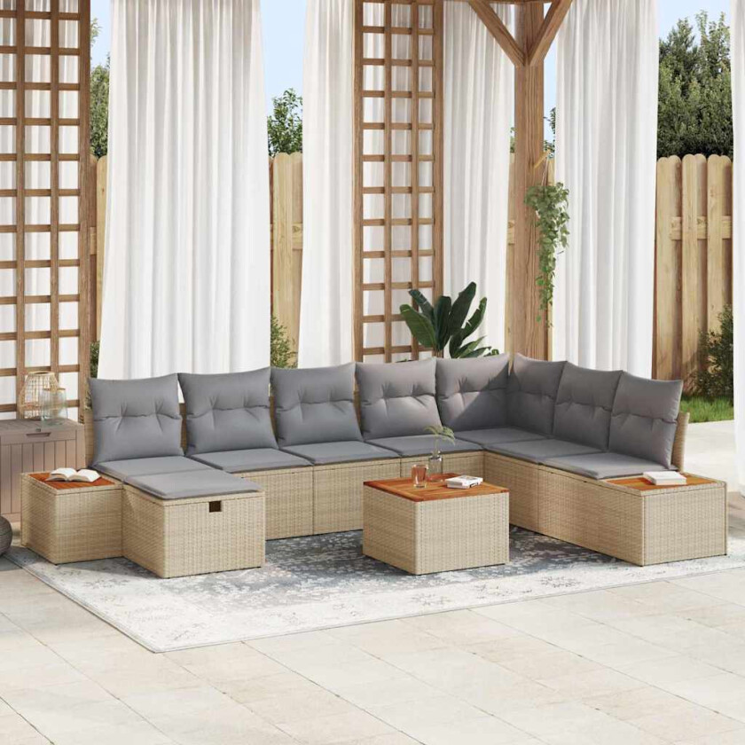 Hagesofa Set med pute 9 pcs Beige Poly rattan