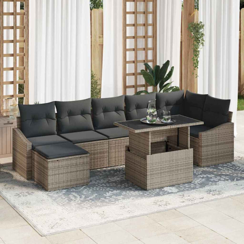 Hagesofa Set 8 pcs Grå Poly Rattan og pulverlakkert stål