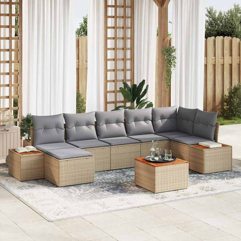Hagesofa Set med pute 8 pcs beige og lysegrå Poly Rattan