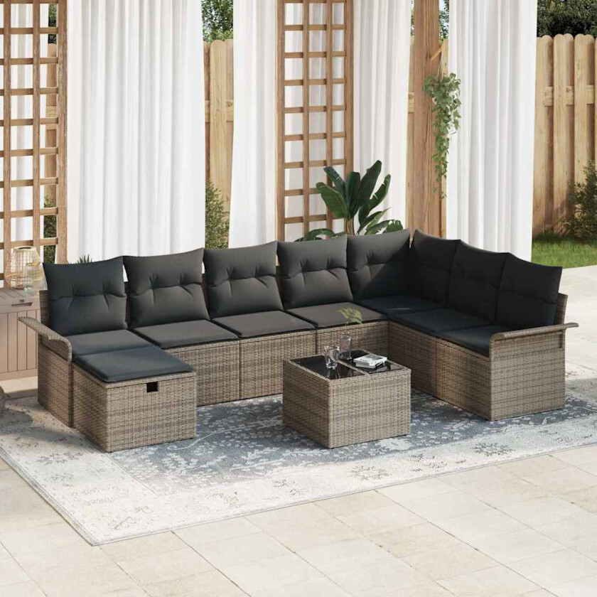 Hagesofa Set med pute med lagring 9 pcs Grå Poly rattan