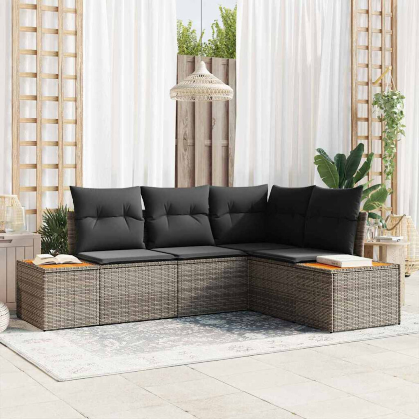 Hagesofa Set med pute med lagring 4 pcs Grå Polyrattan