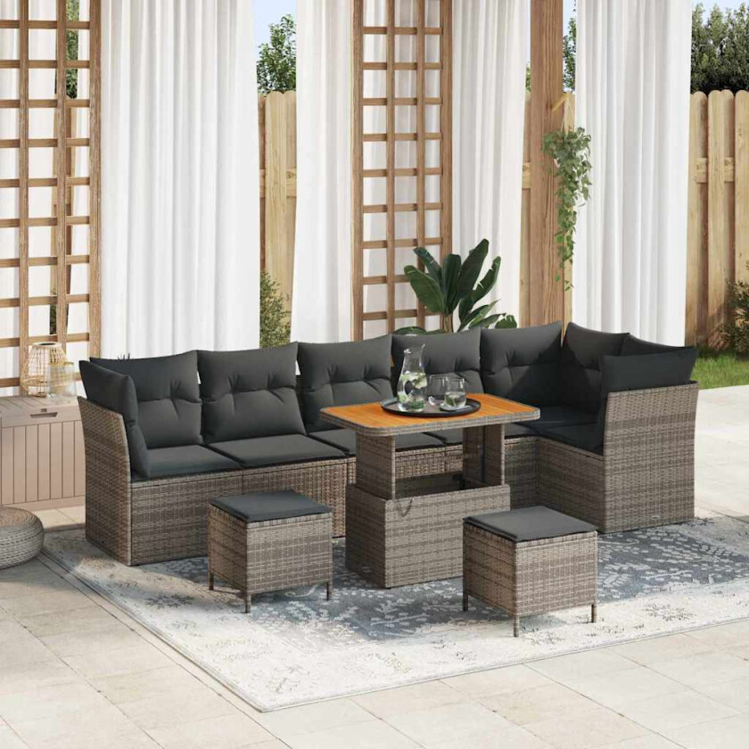 Hagesofa Set 9 pcs Grå Poly rattan og pulverlakkert stål