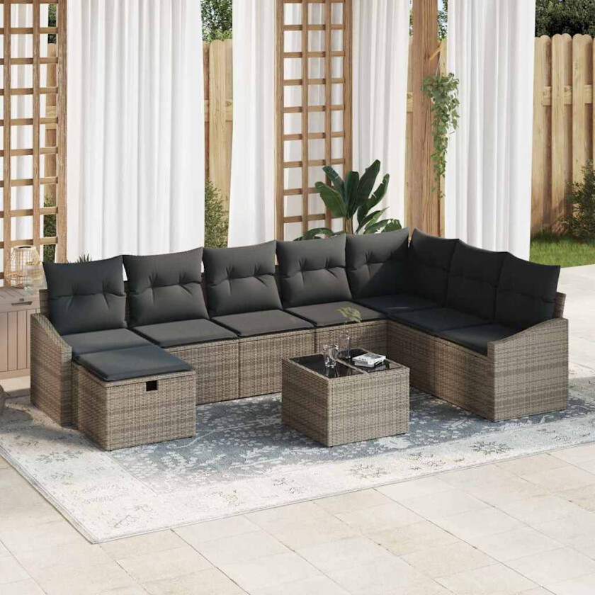 Hagesofa Set med pute 9 pcs Grå 55 x 62 x 69 cm Poly rattan
