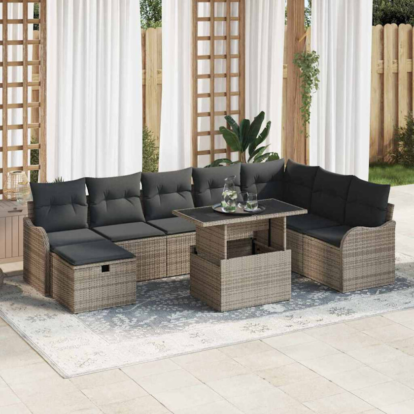 Hagesofa Set med pute med lagring 9 pcs Grå Poly rattan