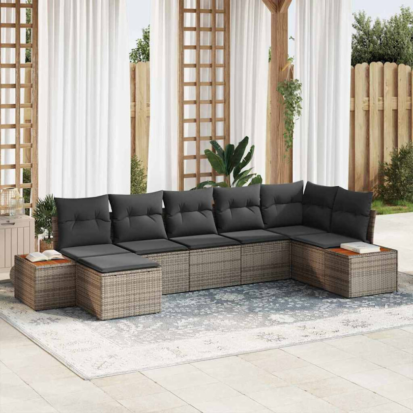 Hagesofa Set med pute 7 pcs Grå Poly Rattan