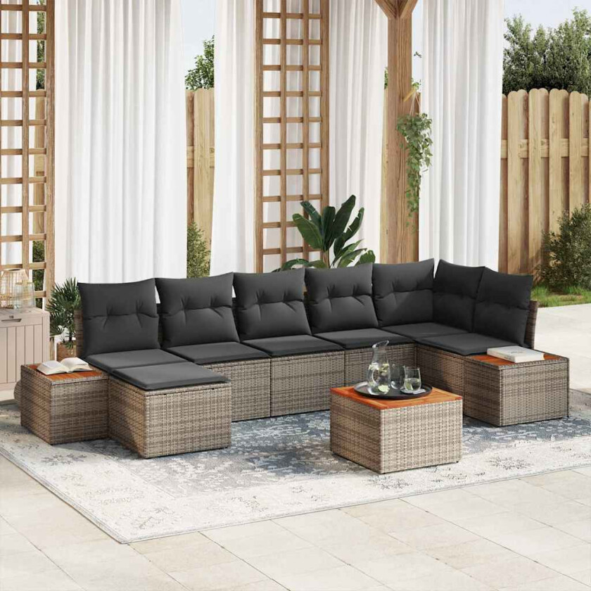 Hagesofa Set med pute 8 pcs Grå Poly Rattan