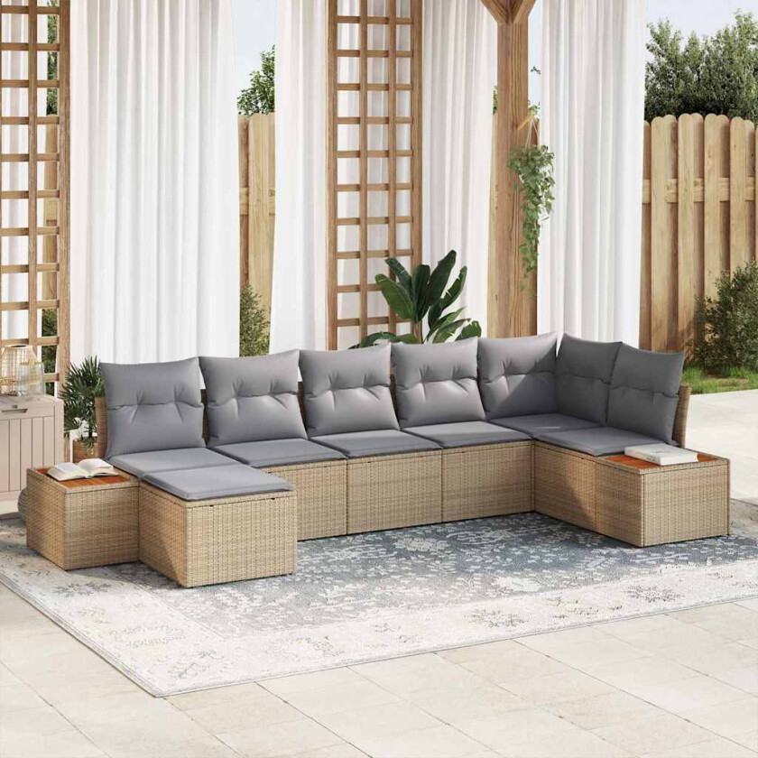Hagesofa Set med pute 7 pcs Beige og lys grå Poly Rattan
