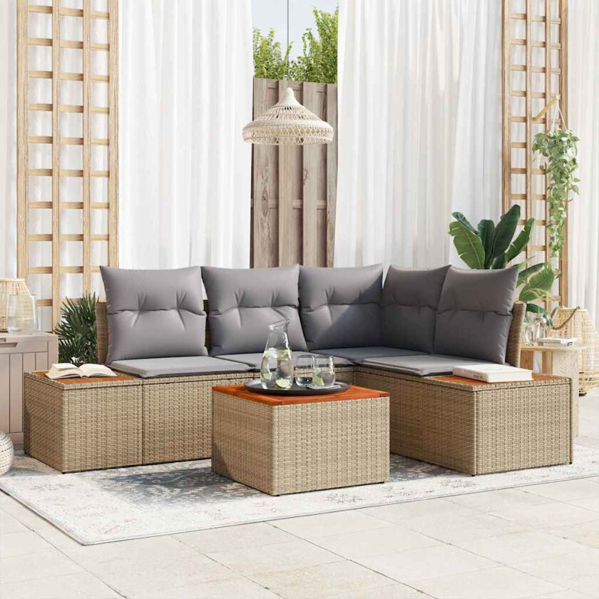 Hagesofa Set med pute 5 pcs beige og lysegrå Poly rattan