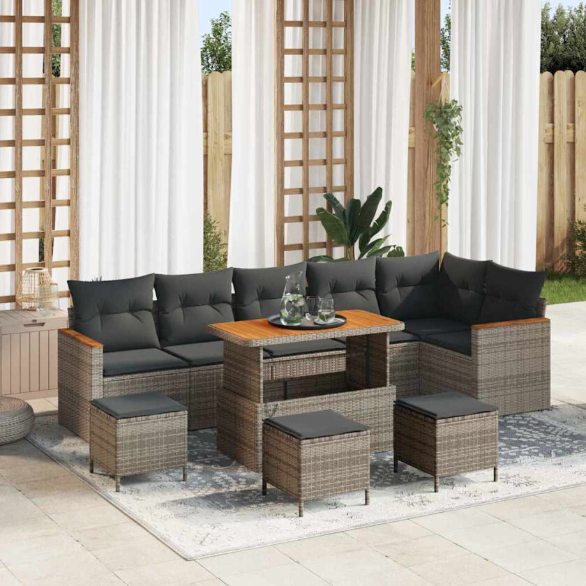 Hagesofa Set med pute 10 pcs Grå Poly rattan