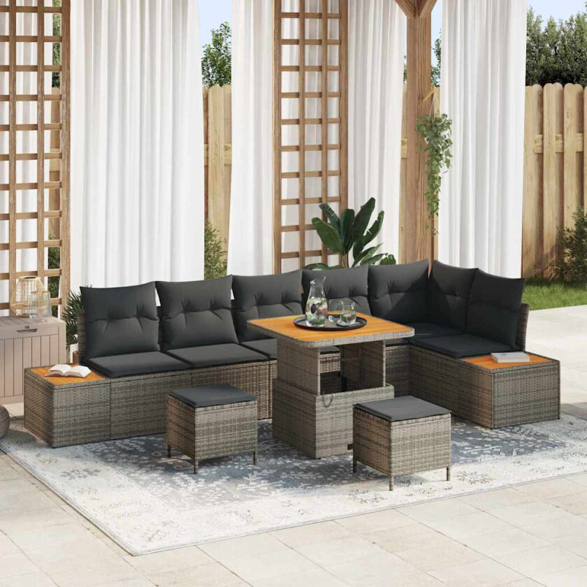 Hagesofa Set med pute med lagring 9 pcs Grå Poly rattan