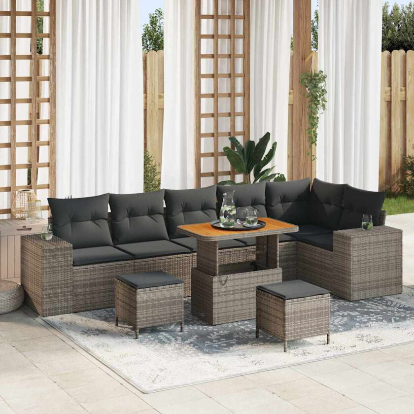 Hagesofa Set 9 pcs Grå Poly Rattan og Stål og Solid akasietre