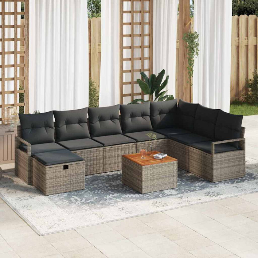 Hagesofa Set med pute med lagring 9 pcs Grå Poly rattan