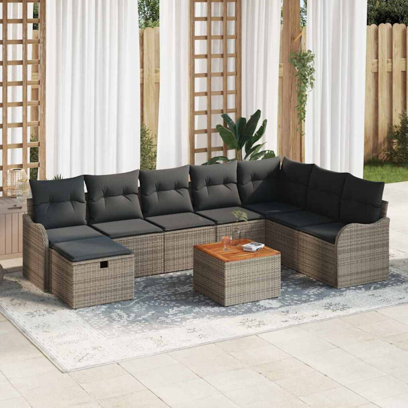 Hagesofa Set med pute med lagring 9 pcs Grå Poly rattan