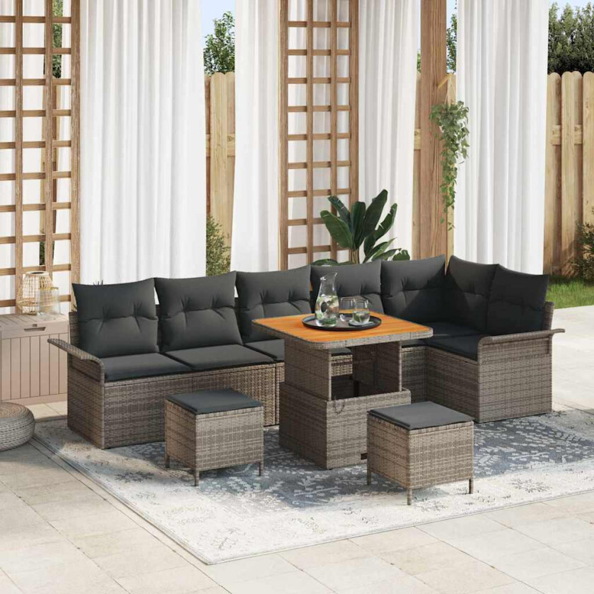 Hagesofa Set 9 pcs Grå Poly Rattan og Stål og Solid akasietre