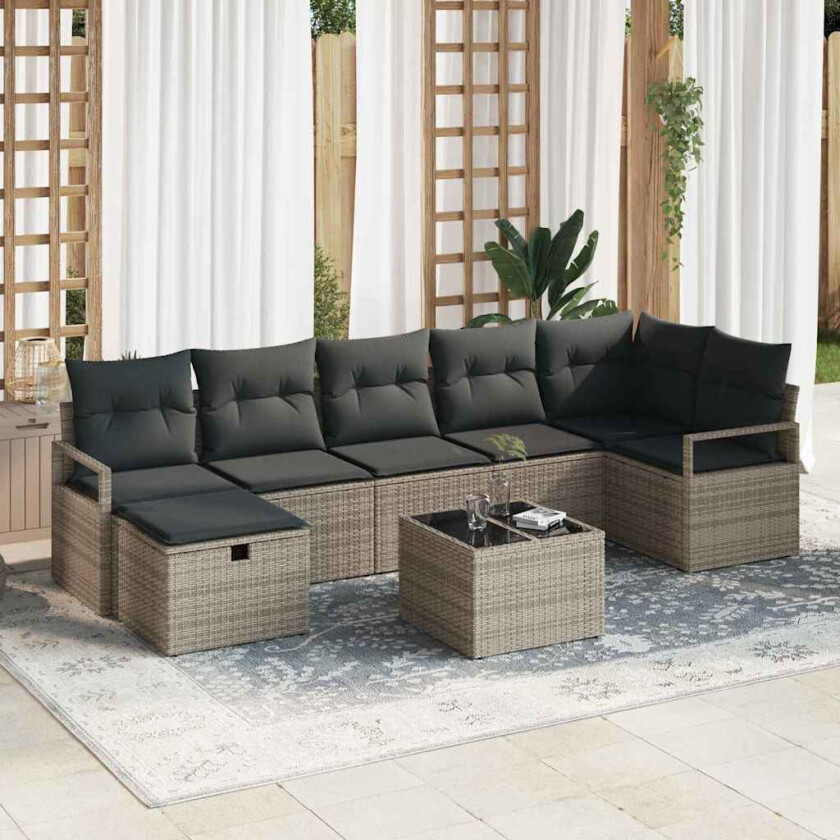 Hagesofa Set med pute med lagring 8 pcs Grå Poly rattan