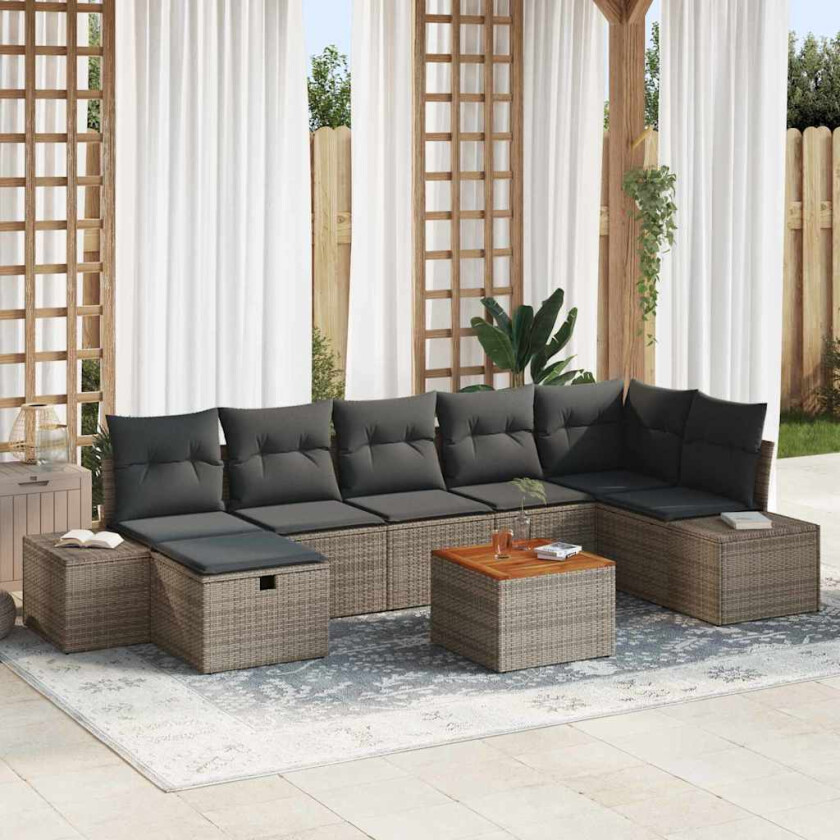 Hagesofa Set med pute med lagring 8 pcs Grå Poly rattan