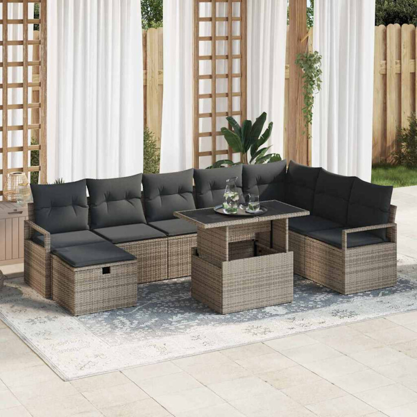 Hagesofa Set med pute med lagring 9 pcs Grå Poly rattan