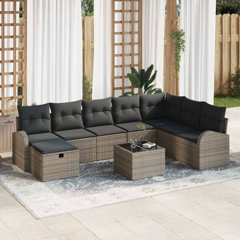 Hagesofa Set med pute med lagring 9 pcs Grå Poly rattan