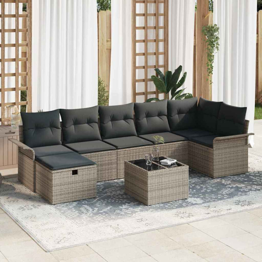 Hagesofa Set med pute med lagring 8 pcs Grå Poly rattan