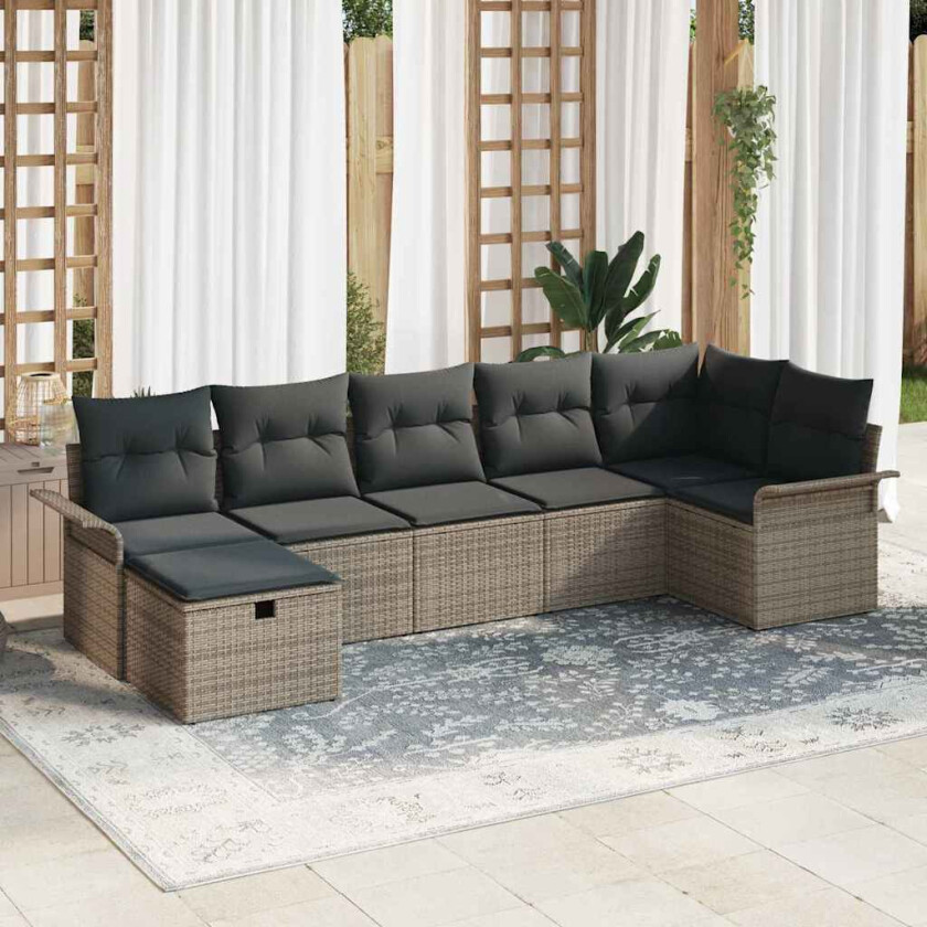 Hagesofa Set med pute med lagring 7 pcs Grå Poly rattan