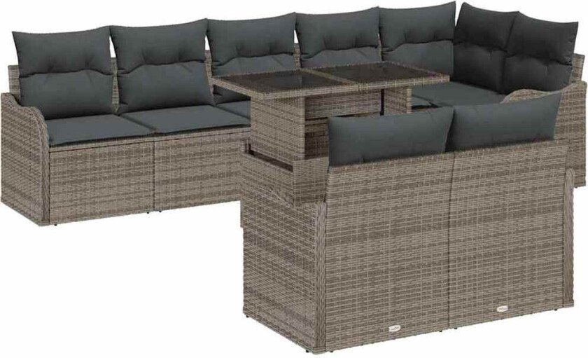Hagesofa Set med pute med pute 9 pcs Grå Poly Rattan