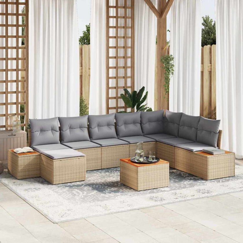 Hagesofa Set med pute 9 pcs beige og lysegrå 319 x 209 x 85 cm
