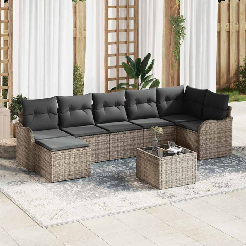 Hagesofa Set med pute 8 pcs Grå Poly rattan