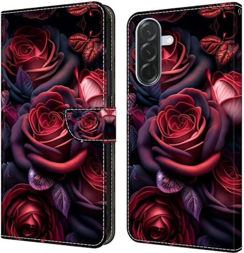 Samsung Galaxy A16 5G / A16 4G lommebokveske med mønsterutskrift Stativ lær flip-telefondeksel - Svart Rose