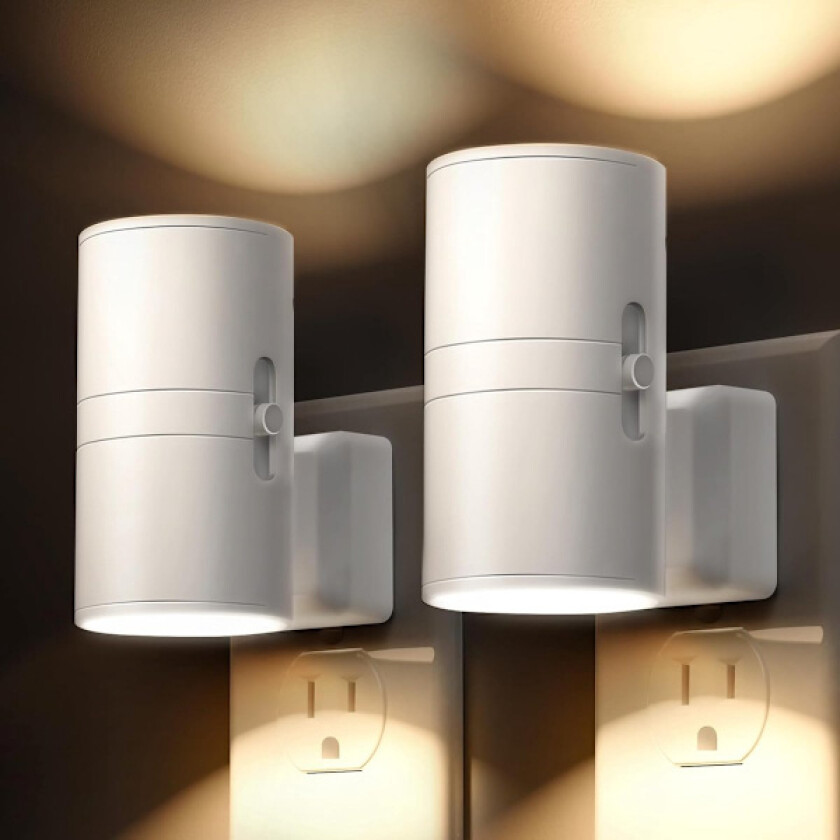 Nattlampe, lyssensor for energisparing, mykt varmt hvitt lys (3000K), enkel å plugge inn, sett med 2, for alle rom, hvit