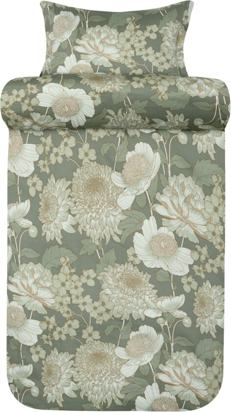 Blomstret sengetøy 140x220 cm - 100% bomullssatin - Isabell dempet grønn satin sengesett - Høie Of Scandinavia sengetøy