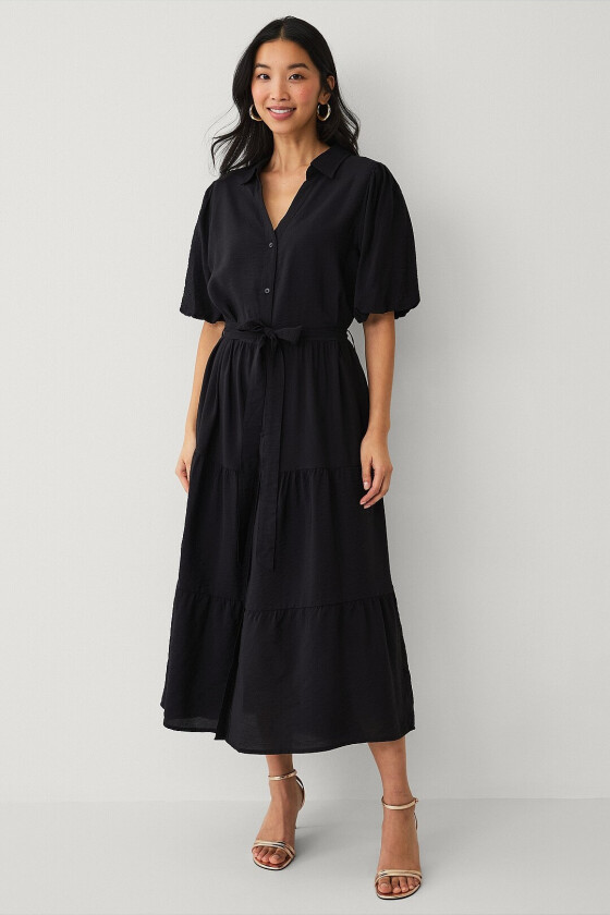 Skjortekjole med korte puffermer - Svart