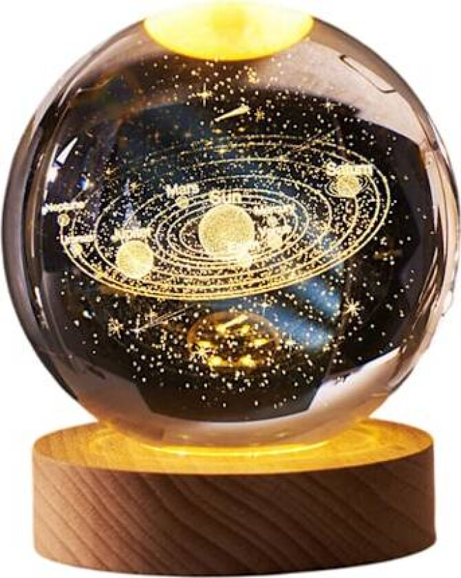 Krystallkule Nattlys, LED Trebase 3D Solsystem Krystallkule, Varmt Hvitt Lys USB-ladet Lysende Base Nattlampe med Mykt Lys