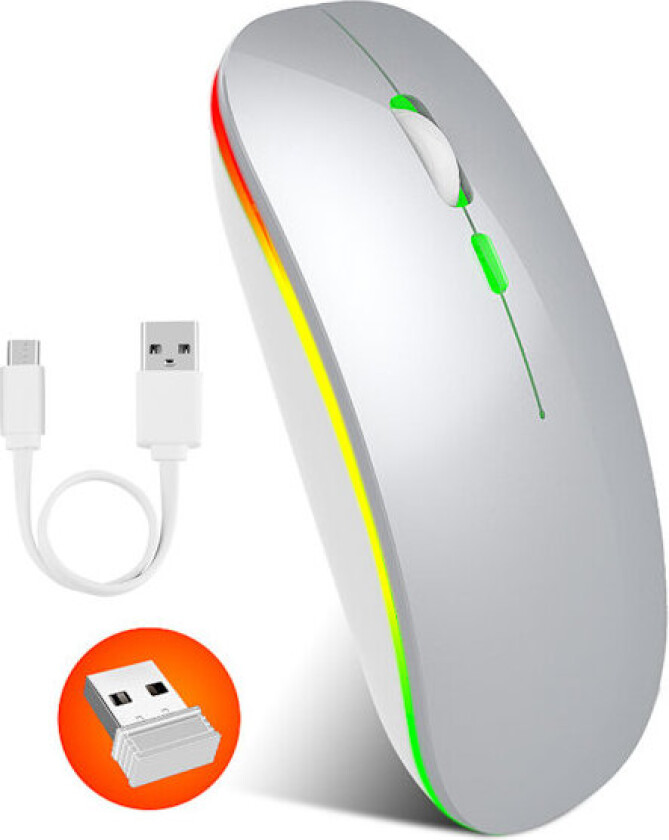 Bluetooth-mus for datamaskin, oppladbar LED-stille slank bærbar mus med 2,4G trådløs overføring, stille klikk og anti-fingeravtrykk