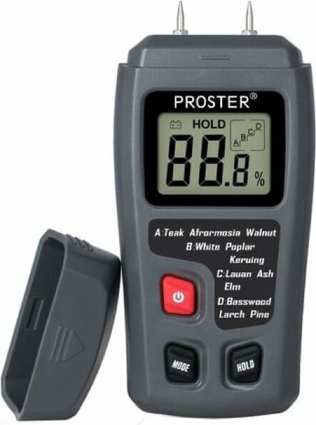 Bilde av 2-pinners fuktmåler for tre, digital fuktighetsdetektor med HD LCD-skjerm, trefuktmåler, område 0–99,9 %, nøyaktighet 0,5 %, oppløsning +/- 0,1 % for tre
