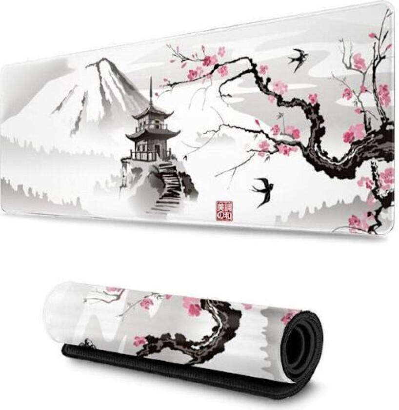 Gaming Musematte, Japansk Pagode og Kirsebærblomster Motiv Overdimensjonert Musematte Skrivebordsmatte Musematte med Sydd Kant Lang Sklisikker Gummi