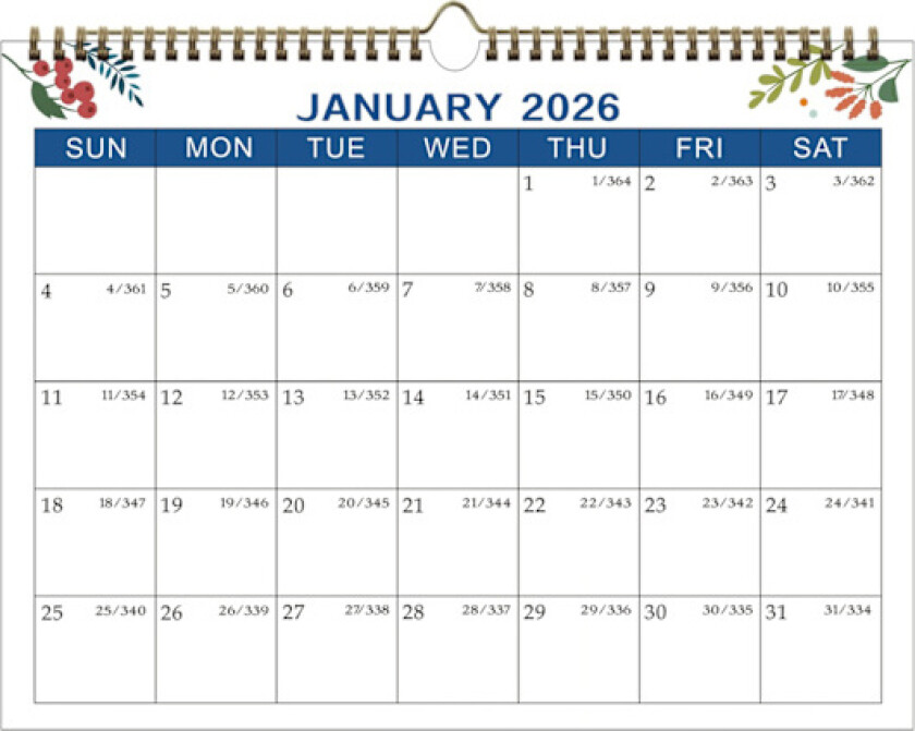 Veggkalender 2025-2026 - Stor blokk 18 måneders planlegger fra januar 2025 til juni 2026 med julianske datoer for effektiv tidsstyring, grønn bladstil