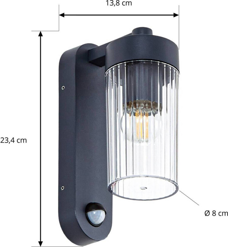 Lindby utendørs vegglampe Kaliro, antrasitt, 24 cm, IP54, sensor
