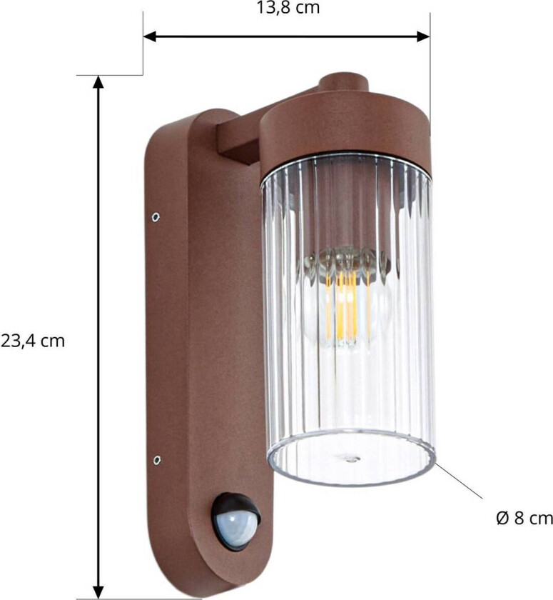 Lindby utendørs vegglampe Kaliro, rust, 24 cm, IP54, sensor