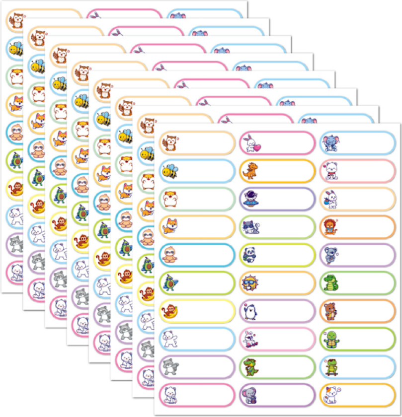 Navnelapper som kan skrives på for babyflasker, assorterte størrelser, lyse farger, kan fjernes uten rester, perfekt for bruk i skole og barnehage