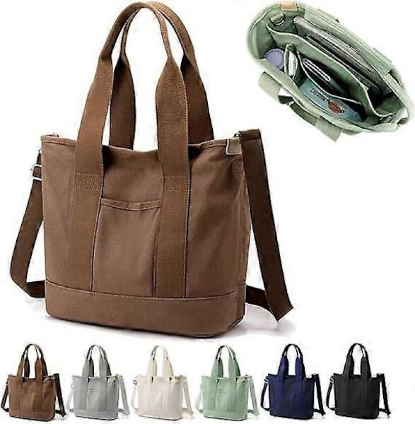 Flerlommet Tote Bag med Glidelås, Håndlaget Canvas Håndveske med Rom, Multifunksjonell Satchel Bag for Kvinner Damer Universitet Skole Arbeid Reise