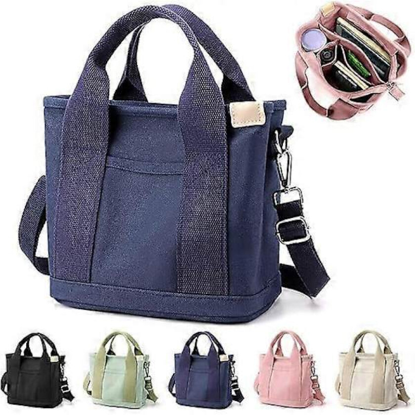 Flerlommet Tote Bag med Glidelås, Håndlaget Canvas Håndveske med Rom, Multifunksjonell Satchel Bag for Kvinner Damer Universitet Skole Arbeid Reise