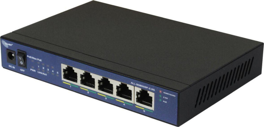 unmanaged 5-Port 2.5GbE PoE switch • 5x 2.5GbE • PoE Budget 55W • 5x PoE at • Fanless